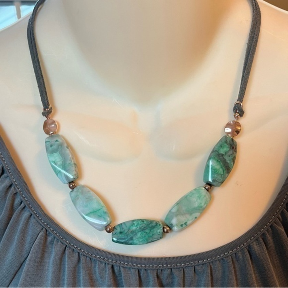 Charming Charlie Aqua Stone Bead Necklace Rose Gold Accents
